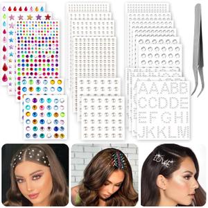 2609 Pieces Hair Gems,Hair Jewels Diamonds and Letters Rhinestones with Tweezers,Hair Pearls Stick on,Self Adhesive Bling Rhinestone Stickers for Crafts,Face,Eye,Nail,Clothing,6 Shapes, 3-8mm