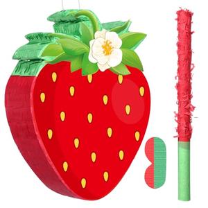 Aoriher Strawberry Piñata Red Strawberry Party Game Set Summer Fruit Piñata Berry Birthday Decoration with Stick and Mask for Summer Fruit Theme Birthday Baby Shower Party Game Supplies Decoration