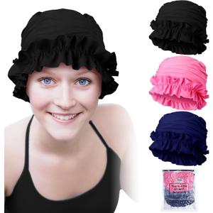 Soulchen 3 Pcs Swim Cap Women Adult with Ruffled Edges Nylon Cloth Swimming Cap for Women Bathing Hats Swim Turban Waterproof Swimming Hat (Black, Pink, Blue)