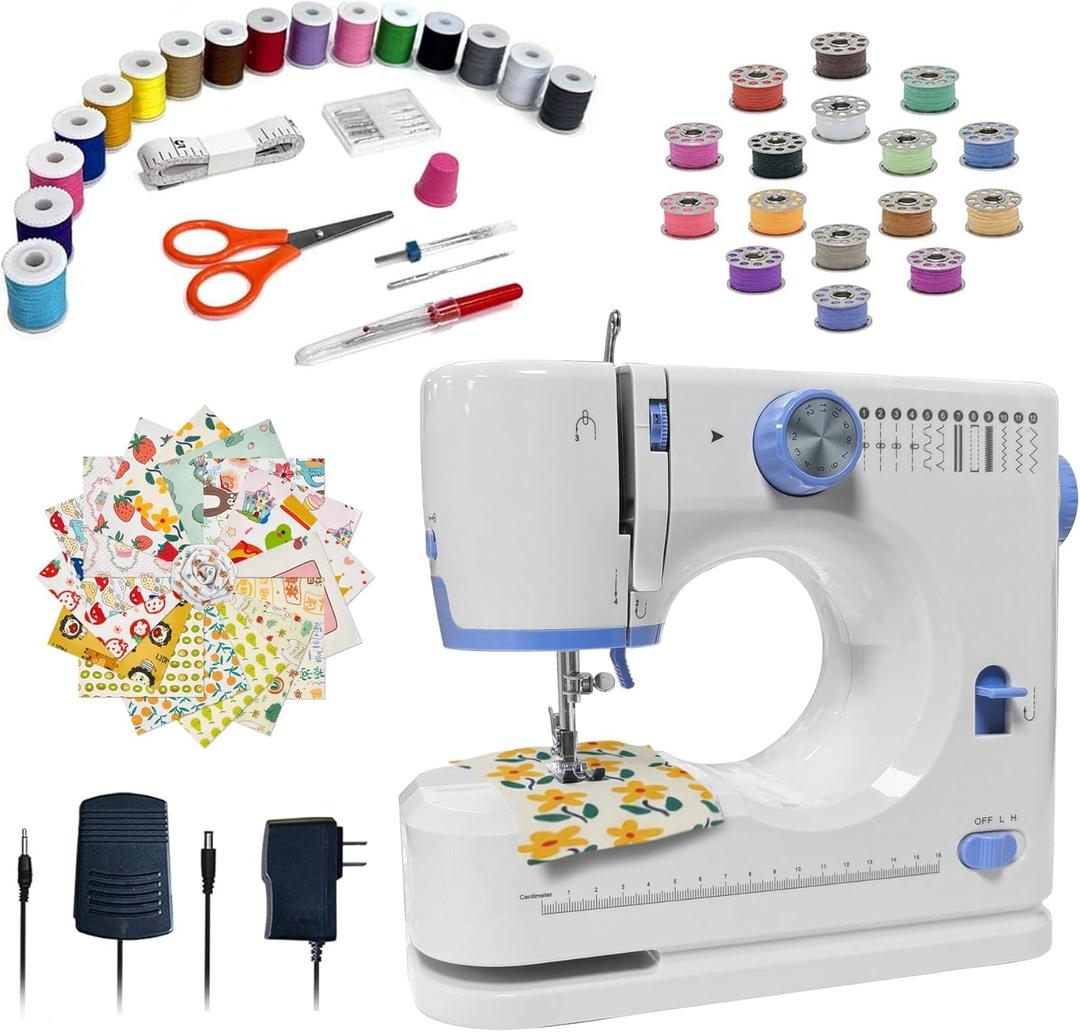 Stoigeld Sewing Machine for Beginners with 20Pcs Fabric & 32Pcs Sewing Threads Kit,Portable Sewing Machine with 12 Built-in Stitches & 2 Speed(High-Low Speeds)-SM-725 (Blue,white)