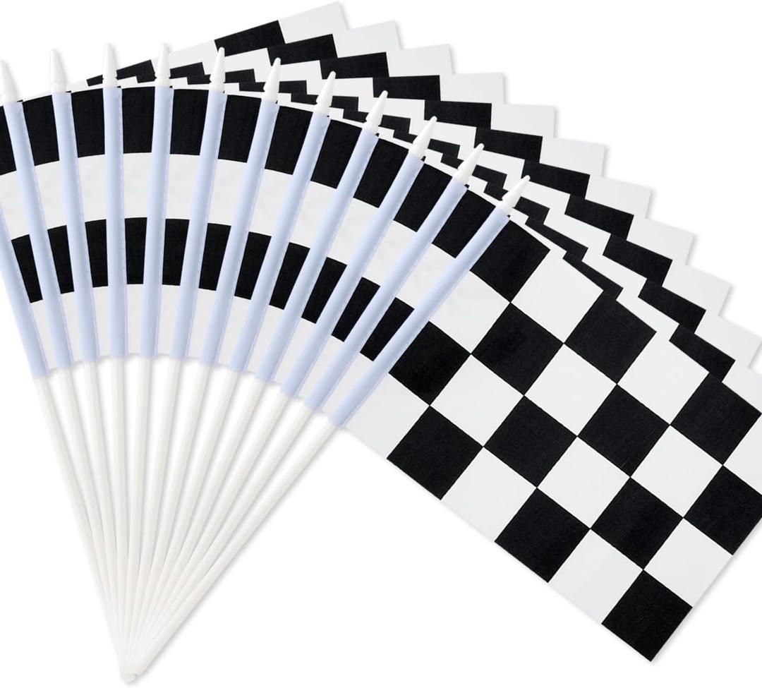 Novelty Place 12Pcs Checkered Flags Black and White Racing Stick Flags - 8"x5.5" - Decorations for Kids' Car theme Birthday, Race Car Party, Sport Events
