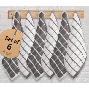 Urban Villa Dish Cloths Terry Cotton Pack of 6, Highly Absorbent Quick Drying Super Soft Premium Dish Towels for Kitchen with Hanging Loop Hand & Tea Towels - 12x12 Inch, (Grey & White, Checks)