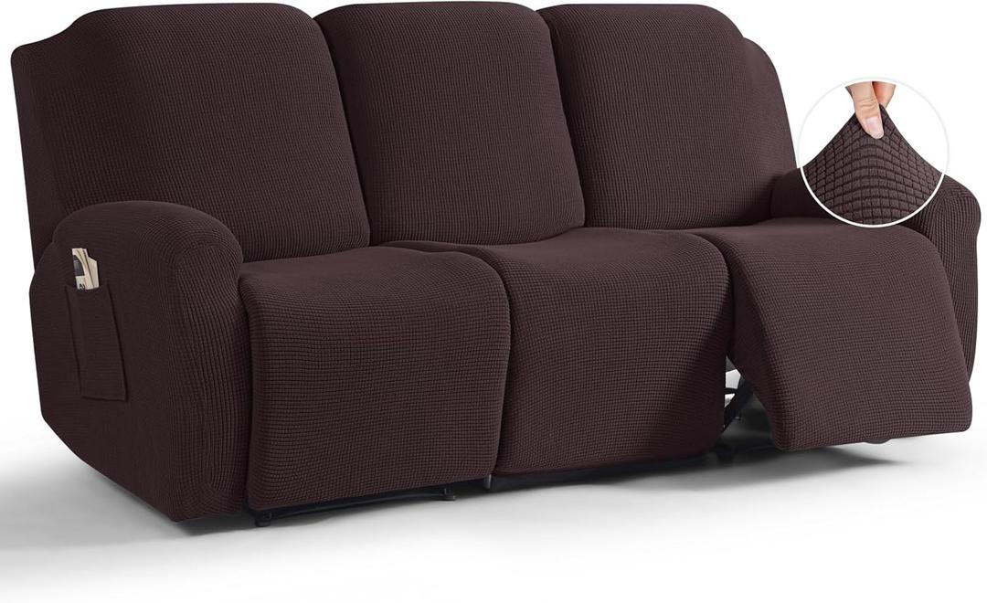 TAOCOCO Recliner Couch Covers for 3 Seat, 8-Pieces Stretch Large Couch Covers for 3 Seats Reclining Slipcovers Soft Jacquard Pattern Furniture Protector, Chocolate