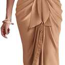BTFBM Women Long Sleeve Satin Dress 2025 Summer Spring Lapel V Neck Button Down Elegant Belted Ruched Maxi Shirt Dresses (Large)