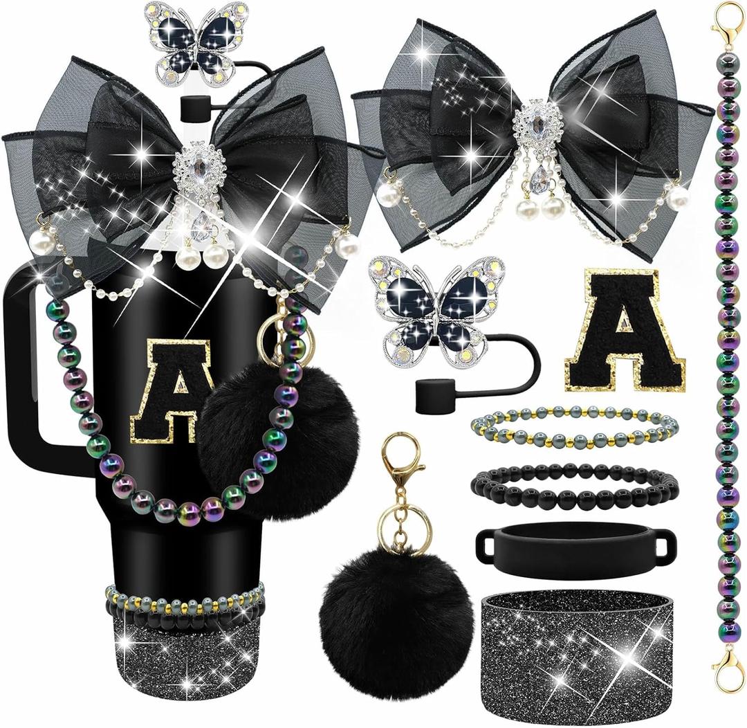 Letter Stickers Bling Accessories Set for Stanley 40/30/20 oz Tumbler: Bow Straw Topper, Charms, Butterfly Cap, Pearl Strap, Silicone Boot, Accessories for Stanley Quencher H2.0