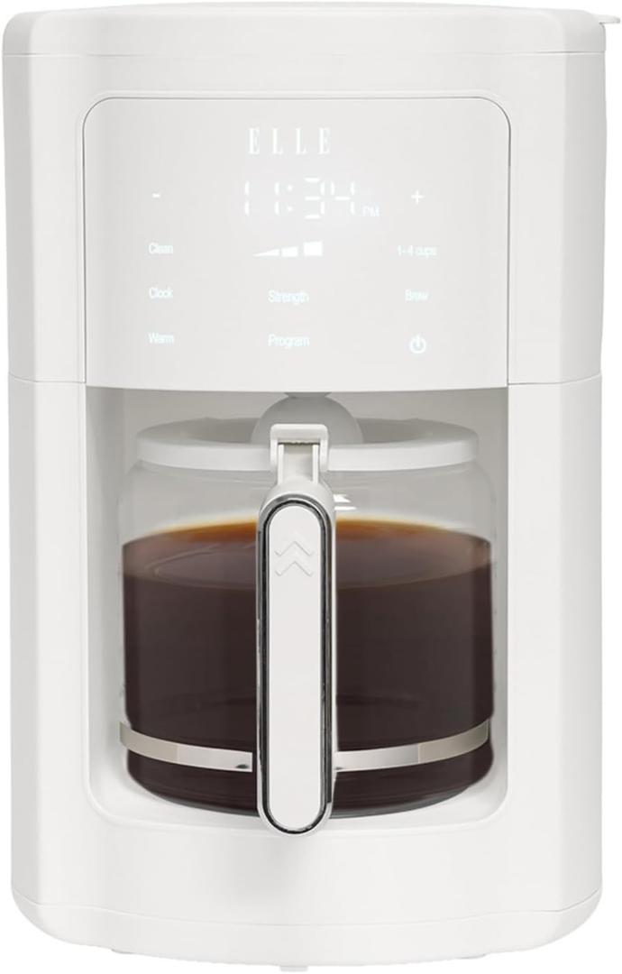 ELLE 1.8L Digital Coffee Maker with Smart Touch Display Brew Strength Selection Programmable Washable Filter 12 to 14 Cup Capacity Automatic Shut Off 1000W White