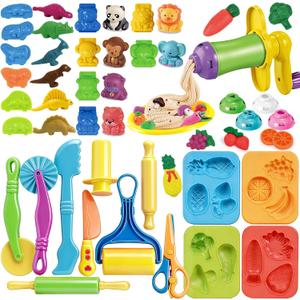 31 Pcs Dough Tools, Dough Play Tools Set + Kitchen Spaghetti Maker Machine Clay and Dough Accessories with Rolling Pins, Clay Cutters, Safety Scissors, 3D Dino & Animal & Fruit Molds