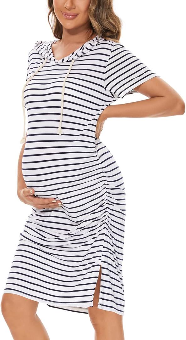 Women's Maternity Hoodie Dress Short Sleeve Split Side Ruched Pregnancy Clothes, White Navy Stripe, 2XL