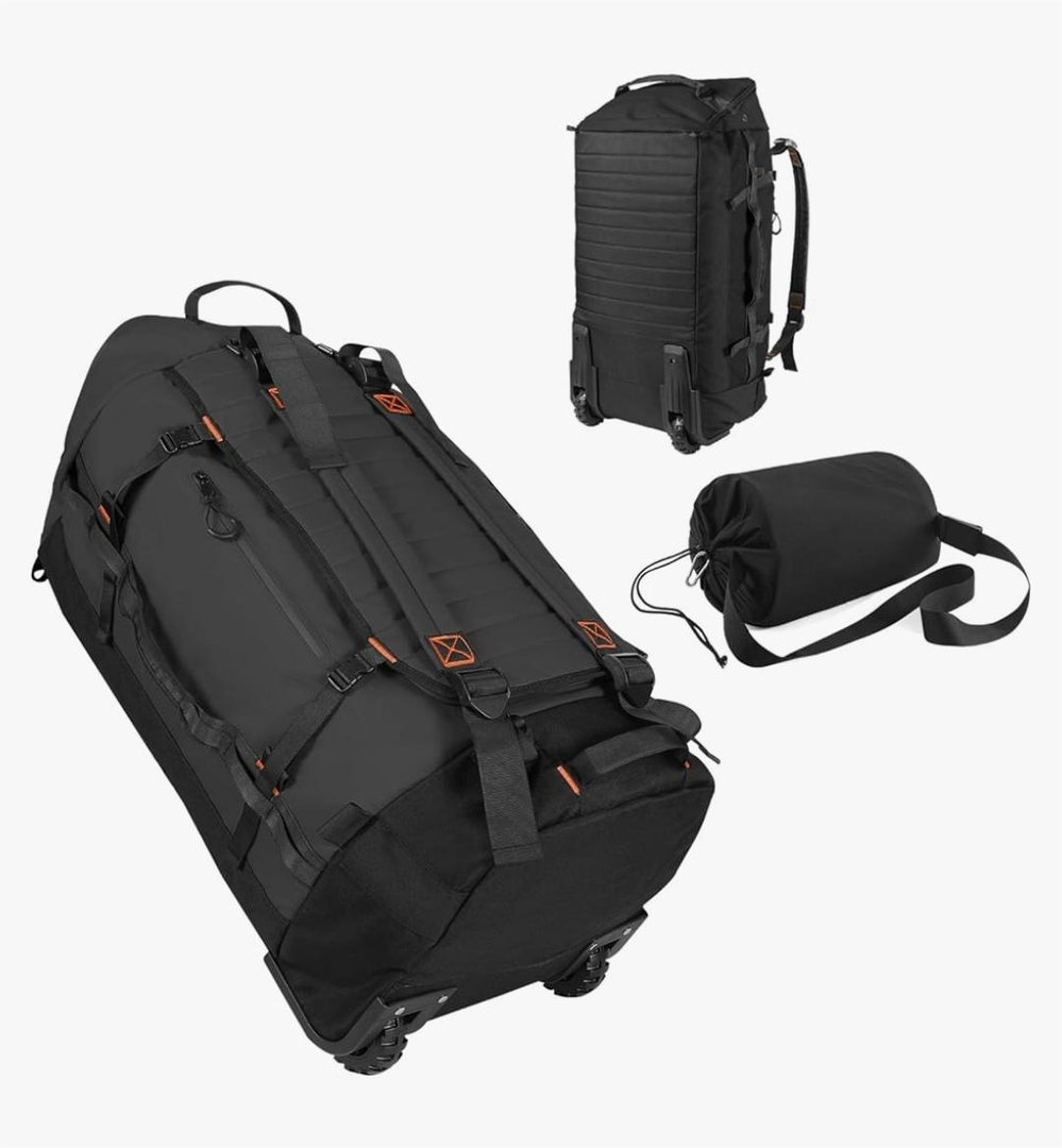 85L 29“ Foldable Rolling Backpack with Wheels, Soft-Side Travel Duffle Bag with Separate Shoe Compartment, Full Quilted Bottom, Black