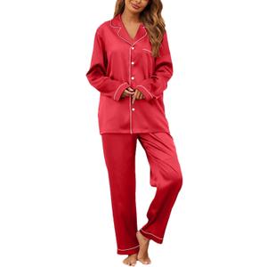 IFFEI 2 Pieces Silk Satin Womens Pajamas Set Button-Down Long Sleeve Girls Pajamas with Pockets (Medium, Red)