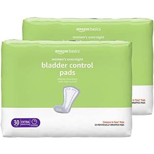 Amazon Basics Incontinence Pads for Women, Bladder Control, Postpartum, Overnight Absorbency, Unscented, 60 Count (2 Packs of 30)