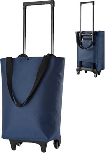 Foldable Shopping Trolley with Wheels - 2 in 1 Reusable Grocery Tote Bag, Dark Blue