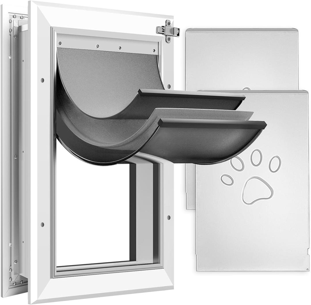 [Petoasis] Heavy Duty Aluminum Dog Door with Lock,3 Flap Insulated Doggie Doors with Installation Manual,Durable and Rust Resistant, Patent: USD1057087S, (Silvery White, Large for Door)