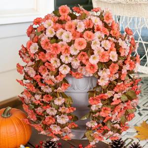 HyeFlora Artificial Fake Fall Hanging Flowers for Outdoor Decor, 2PCS Faux Silk Morning Glory Hanging Plants Mums Vine for Home Garden Wall Party Indoor Outside Decoration (Fall Orange+Light Orange)