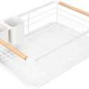 Modern Wood Handle Dish Rack and Drain Board, 16.5" x 12" x 5.5" Kitchen Plate Cup Dish Drying Rack Tray Cutlery Dish Drainer