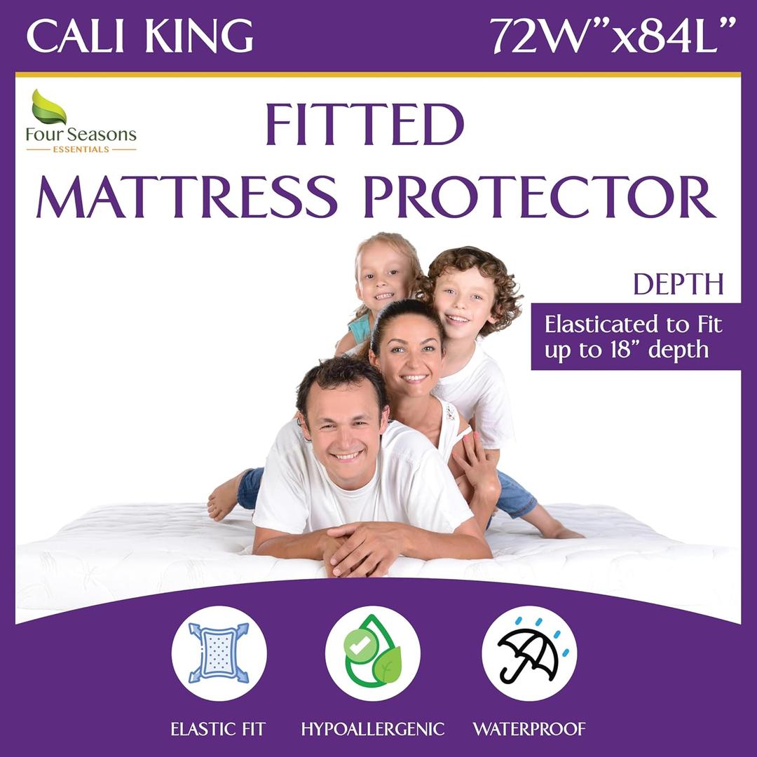California King Size Waterproof Mattress Protector - Fitted Sheet Style Mattress Cover - Hypoallergenic, Breathable, Noiseless, Protects Against Dust, Allergens