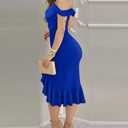 CHICME Womens Sexy Bodycon Party Dress Off The Shoulder Pearls Strap Midi Dress Ruffle Hem Cocktail Dresses (Blue)