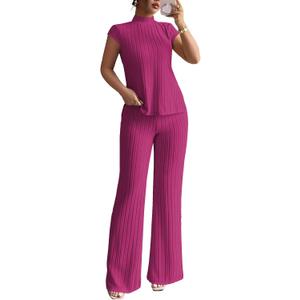 Ulovmi 2 Piece Sets Outfits for Women Summer Mock Neck Top Wide Leg Pants Ribbed Casual Lounge Set (Pink, L)