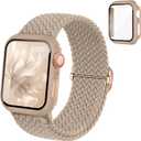 Braided Stretchy Band Compatible for Apple Watch Band and Case 40mm 41mm 42mm 44mm 45mm 46mm, Nylon Elastic Solo Loop and Protective Cover with Screen Protector for iWatch Series 11 10 9 8 7 SE 6 5 4 (Milk Tea)