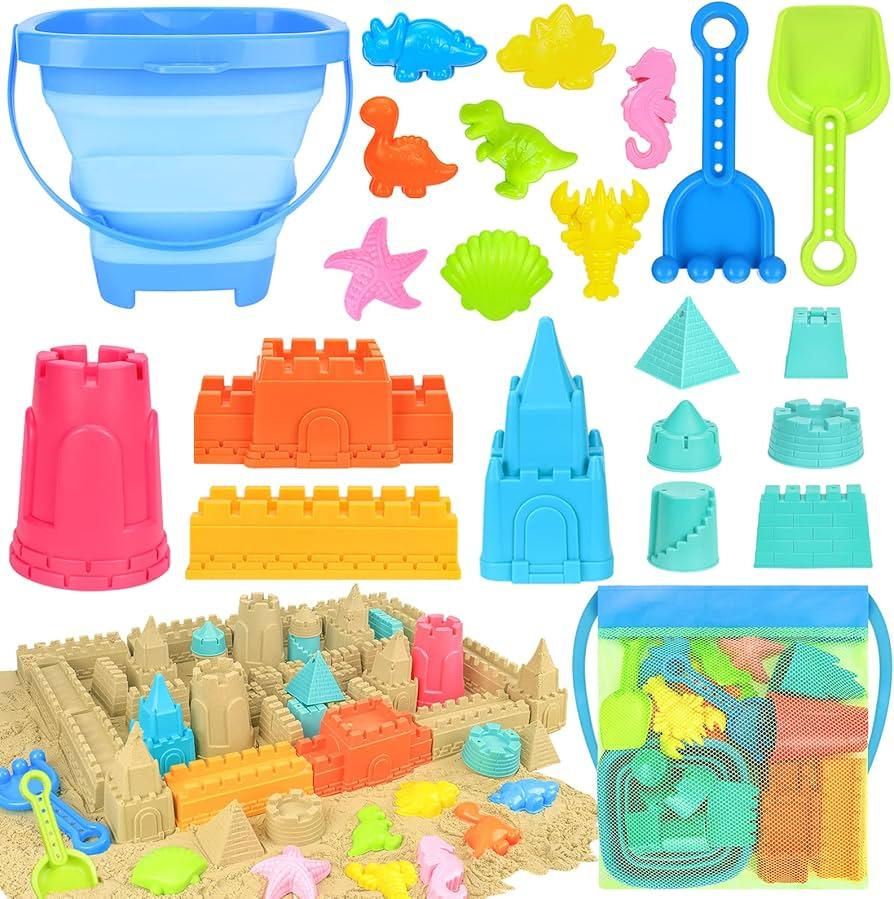 Beach Toys for Kids Ages 4-8: Construction Sand Toys Set with Collapsible Beach Bucket, Castle Molds & Trucks, Durable Beach Sand Play Kit for Boys & Girls