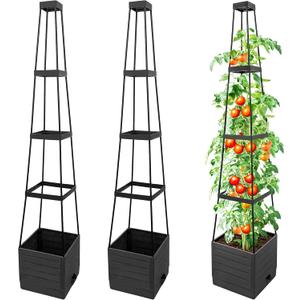 SYITCUN Tomato Planter with Trellis, 57 Inch Self-Watering Planter Box 2-Pack, Grey Planter with Metal Support for Outdoor Indoor Climbing Plants