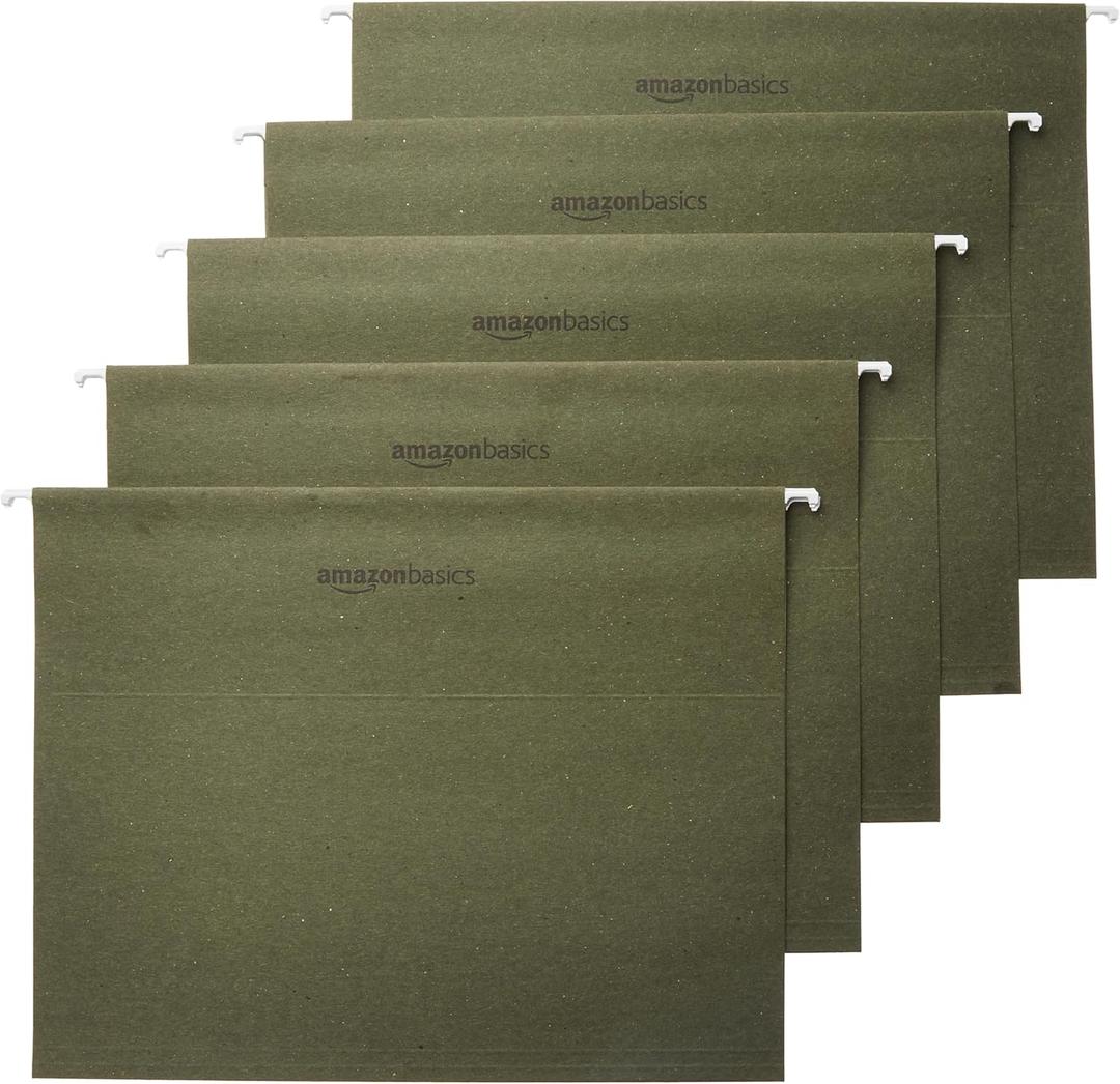 Amazon Basics Hanging Organizer File Folders for Efficient Filing, Sturdy, Adjustable Tabs, Letter Size, Pack of 25, Green