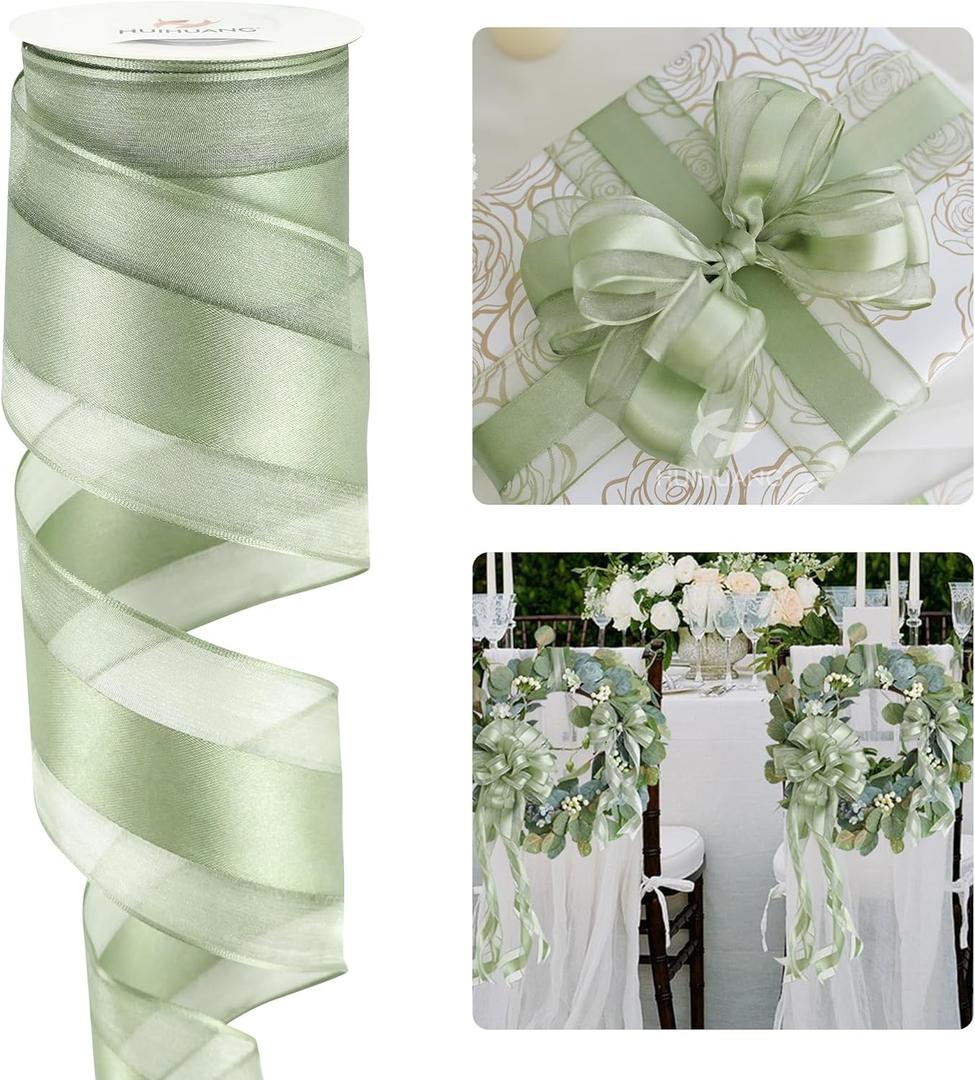 HUIHUANG Sage Green Wired Ribbon 2.5 inch with Satin Stripe Sheer Wired Ribbon for Christmas Tree, Bows Making, Wreaths, Gift Wrapping, Wedding Bridal Shower Decorations-Continous 10 Yards