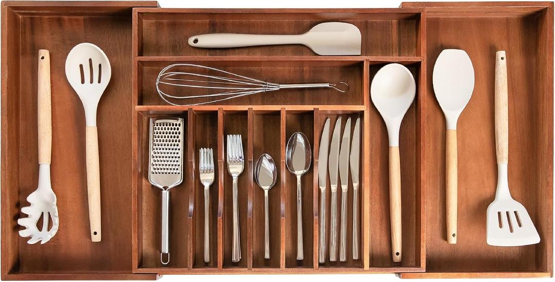 KitchenEdge Premium Silverware, Flatware and Utensil Organizer for Kitchen Drawers, Food-Safe Contract Grade, Expandable from 18 to 33 In, Natural Acacia