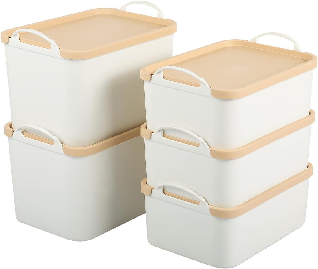 ANMINY 5PCS Plastic Storage Bins Containers with Lids, Large White Storage Organization Bins Boxes, Lidded Plastic Storage Baskets for Closet Shelves Drawers Desktop - 2 Medium 3 Small, Wheat Lids (Off White Bins with Wheat Lids)