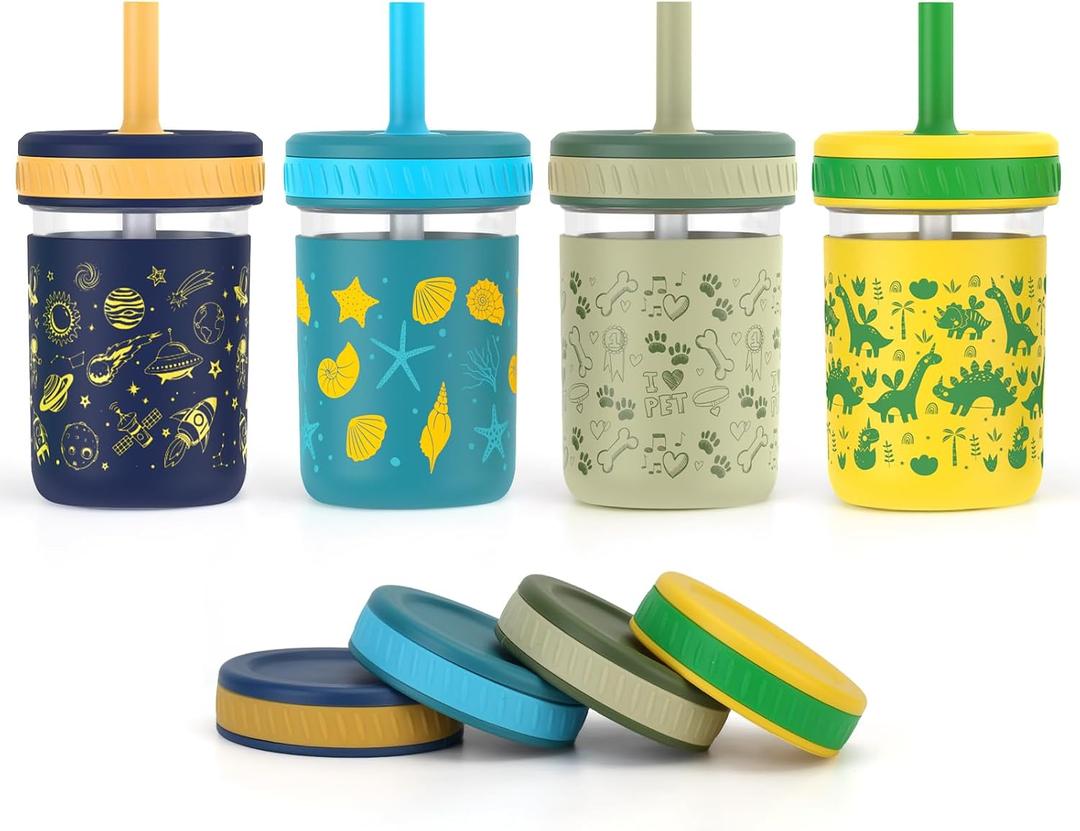 Sursip Toddler Glass Sippy Cups, Kids Baby 12 oz Spill-Proof Water Tumbler with Straw and Lids, Smoothie Snack Mason Jar For Travel School or At Home, 4 Packs