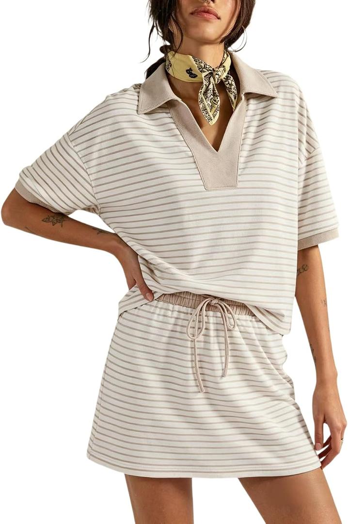 2 Piece Sets for Women 2026 Summer Striped Short Sleeve Polo Skort Casual Sets Sweatsuit Workout Matching Outfits Small