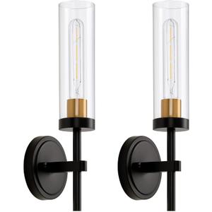 Hardwired Wall Sconces Set of Two, Black and Gold Bathroom Vanity Sconces Wall Lighting with Clear Glass Shade, Modern Farmhouse Wall Mount Lights for Mirror Bedroom Living Room Hallway Kitchen