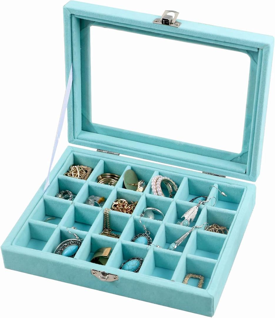 STYLIFING Jewelry Organizer Box 24 Grid, Clear Lid Velvet Jewelry Tray Stackable Jewelry Display Case for Women (24 Grid Light Blue)