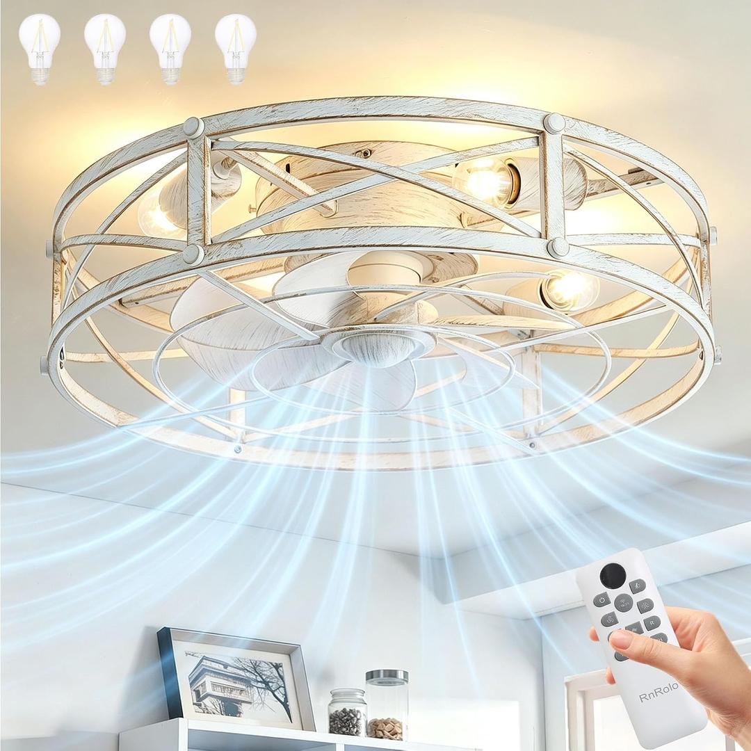 24 Industrial Black Caged Flush Mount Ceiling Fan with 4 Bulb Light, 24 Inch Low Profile Farmhouse Ceiling Fan with Remote, 20 Inch