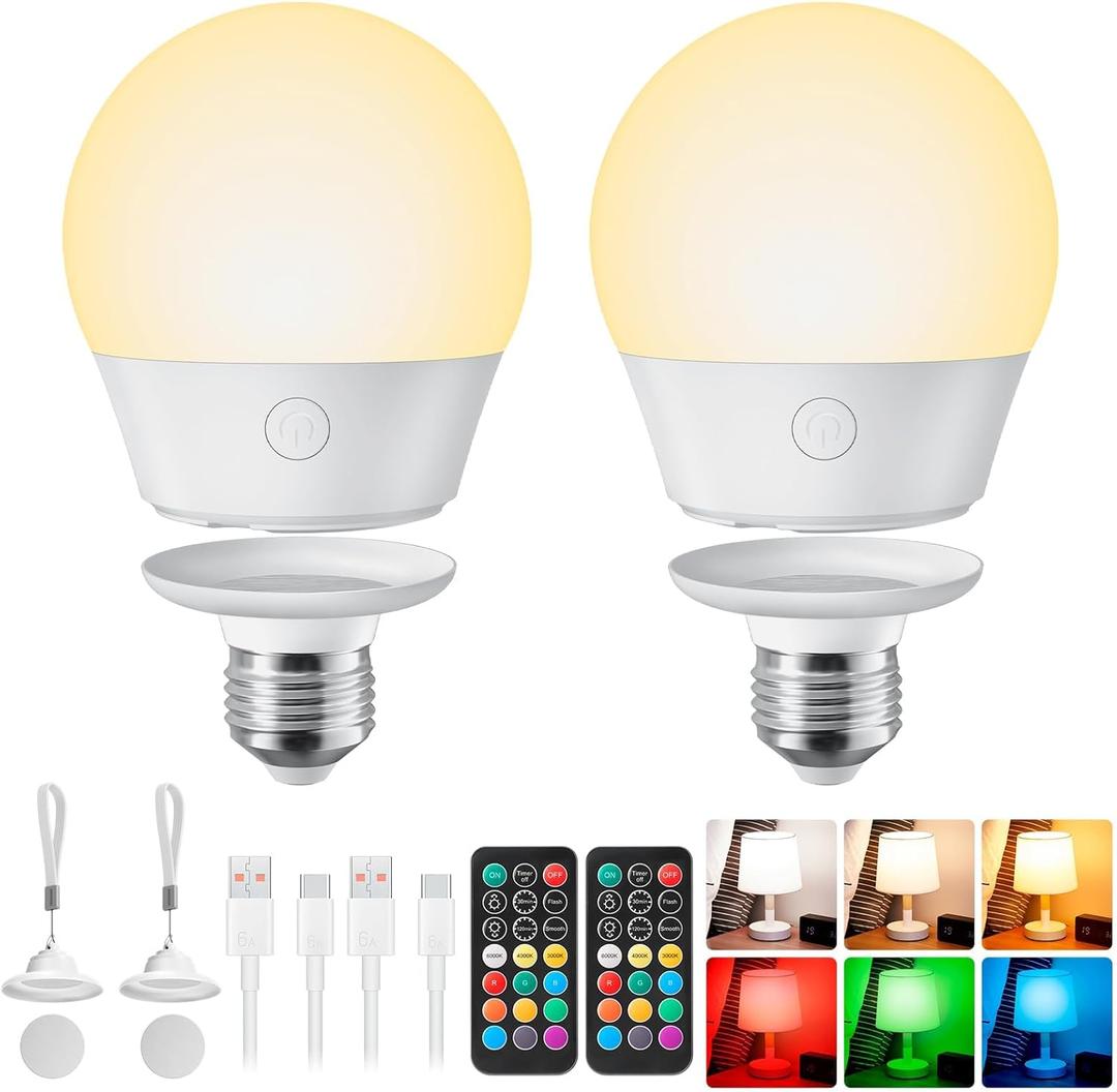 Brightown E26 Rechargeable Light Bulb with Remote and Timer, Battery Backup Bulb for Sconces and Lamps, Magnetic Bulbs for Non-Hardwired Fixture, 3 Color Temperatures + 9 RGB Colors, Dimmable, 2 Pack