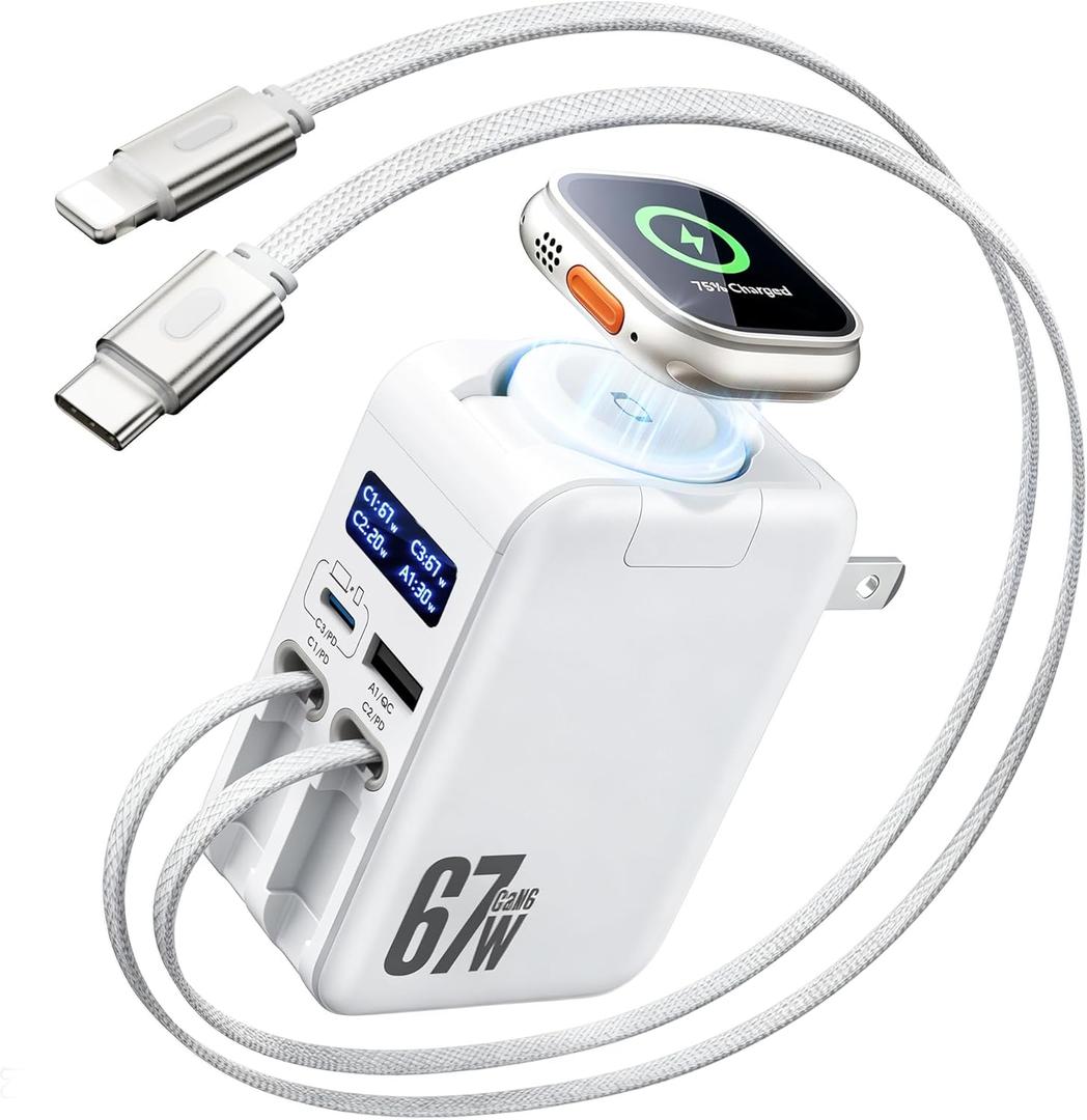 Hatalkin 5-in-1 Retractable Wall Charger for Apple Watch, 67W USB C Smart Display Fast Charging GaN with 2 Cables & 2 Ports, Foldable Travel Multiport Charger for iPhone 17/16/15, MacBook, iWatch,iPad