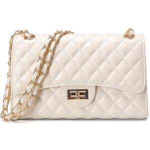 Quilted Leather Crossbody Bags for Women Trendy Ladies Shoulder Purse Satchel HandBag with Chain Strap (Beige)