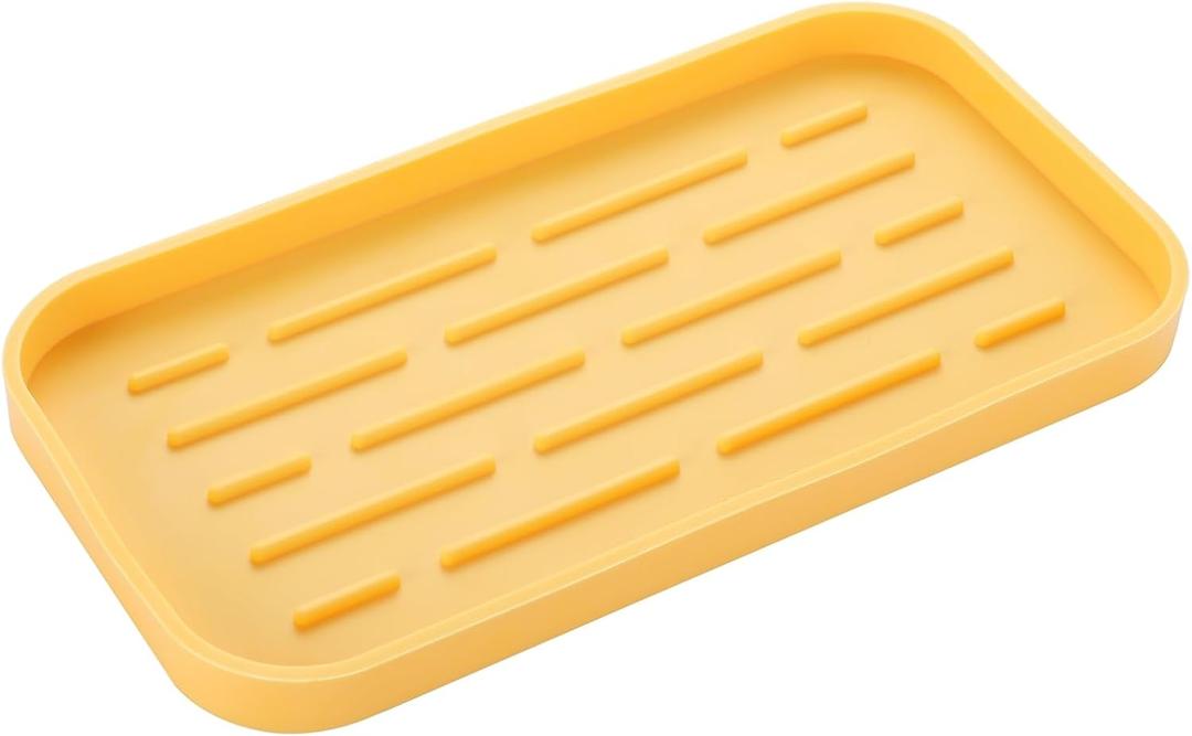 Silicone Kitchen Sink Organizer Tray for Multiple Usage, Easy Clean, Eco-Friendly Sponges Holder for Kitchen Bathroom Counter or Sink, Dish Soap Dispenser, Scrubber, Bottle, Cup Yellow 10x5.3