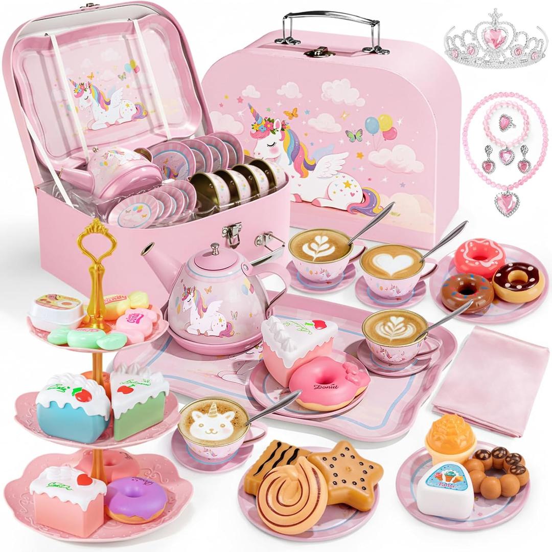 Tea Party Set for Little Girls, 49PCS Princess Tea Time Toys Including Tea set Dessert Carrying Case, Kids Pretend Play Kitchen Toys, Toddler Girl Birthday Gifts for 3-8 Year Old, Dream