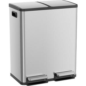 Kitchen Trash Can, 16 Gallon Dual Compartment Garbage Bin with Quiet Close Foot Pedal, Stainless Steel