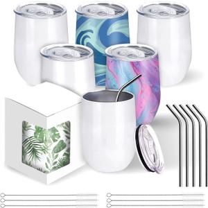 BetterSub12 oz Sublimation Wine Tumblers, Double Wall Insulated Stainless Steel Sublimation Cups with Lid, Metal Straw, Brush, Individually Display Box, White (6 Packs White)
