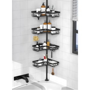 KEGII Corner Shower Caddy Tension Pole - Shower Tension Rod Organizer, Floor to Ceiling Shower Caddy 25-114.2 inch, Towel Rack Corner Waterproof, Black