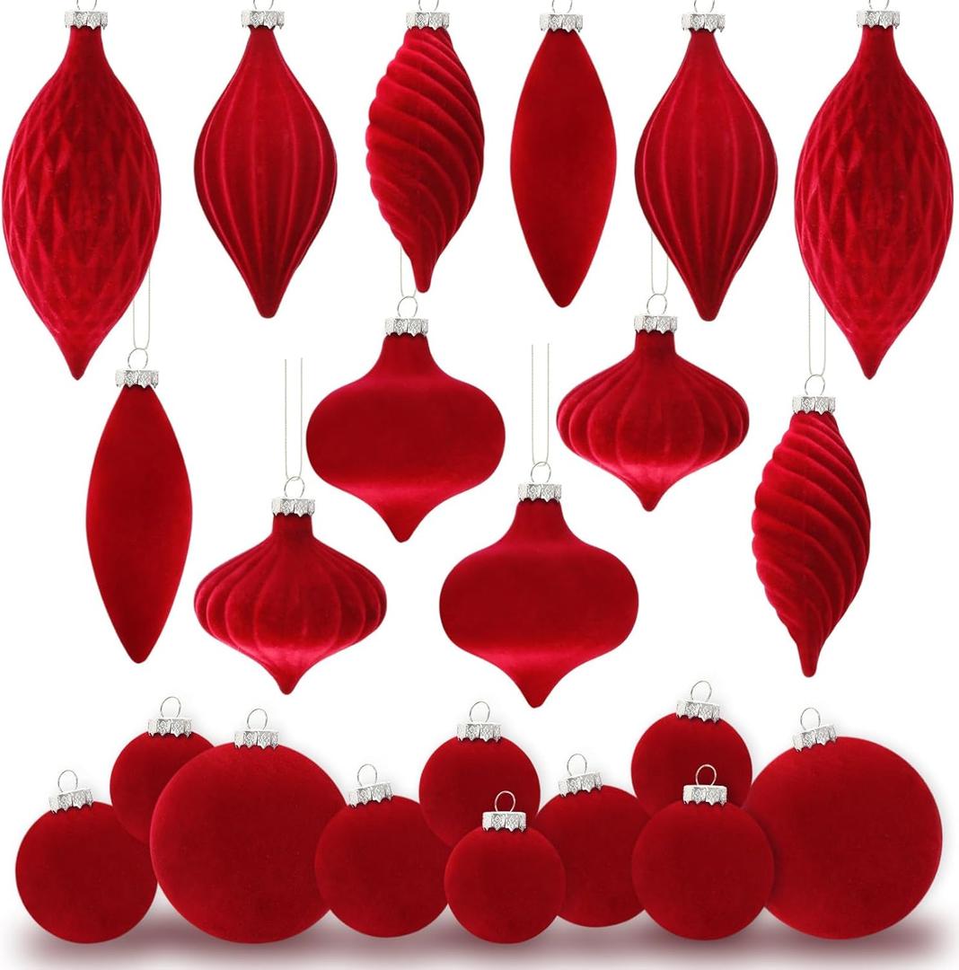 30PCS Burgundy Velvet Christmas Ornaments Various Shapes Flocked Ornaments for Christmas Tree Balls with Hanging Ropes, Shatterproof Plastic Balls Decorations for Holiday Party Indoor Home, Red