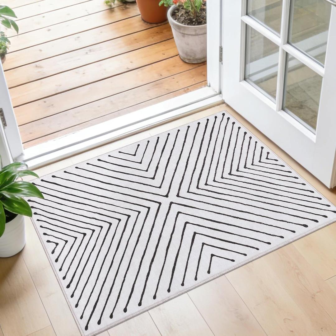 2x3 Entryway Rug Indoor Door Mat  Machine Washable Non Slip Small Area Rug, Soft Geometric Carpet for Front Door, Hallway, Kitchen, Laundry Room, or Bedroom White&Black