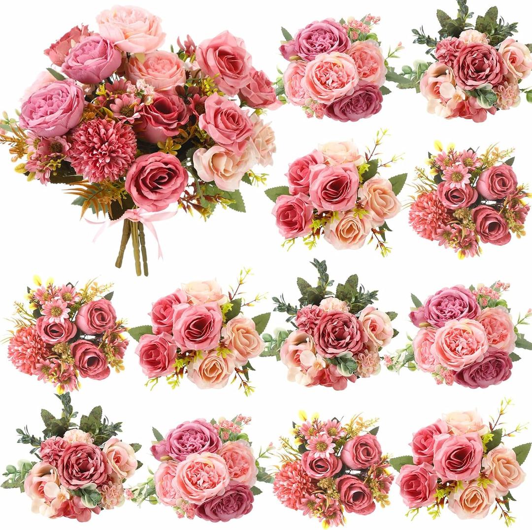 Zeyune 12 Bundles Artificial Peonies Flowers Artificial Silk Rose Faux Dahlia Fake Chamomile Hydrangea Bouquet Bulk for Vase Home Wedding Centerpiece Party Decoration (Dust Rose, Petal Dust)