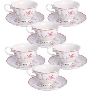fanquare Pink Rose Tea Cup and Saucer Set for 6, British Vintage Afternoon Cup Set, Porcelain Coffee Cup with Gold Border, 5 oz