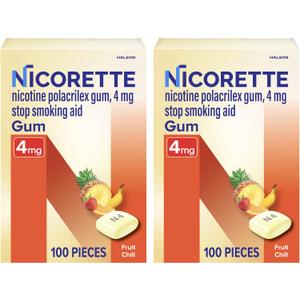 Nicorette Nicotine Gum Stop Smoking Aid, 4 mg, Fruit Chill Flavor - 2x100 Count