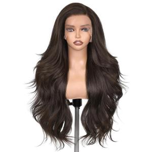 HANNE 13 * 6 Lace Front Wigs for Black Women 29 Inch Synthetic Pre Plucked Wavy Filp Curl Futura Fiber Glueless Brown Wig HD lace frontal Wig Hair Replacement Wigs for Every Occasion (Brown)