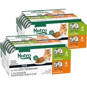 Nutro Wet Cat Food Pate Multipack: Cat Food Wet Turkey Recipe and Chicken Recipe, 2.64 oz. Trays (12 Count, Pack of 2), Best By: 10/10/2026