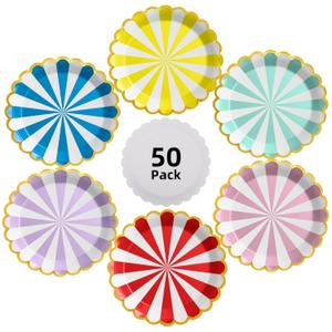 Colorful Striped Paper Plates with Gold Scalloped Edge, 9 Inch Disposable Plate, 50 Pack, Party Tableware for Birthday Celebrations, Christmas and Halloween Decorations, Soft 6 Colors